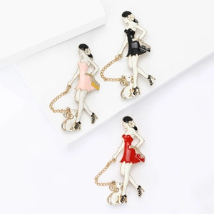 Fashion Enamel Lady Walking Pet Cat Brooch Pin For Women Alloy Drip Oil Cartoon Urban Modern Clothing Accessories Gift