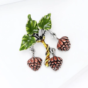 Creative enamel hazelnut brooch with green leaves and golden branch for women