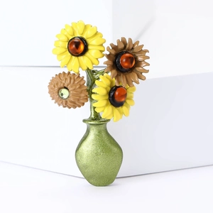 Van Gogh Style Sunflower Vase Brooch Alloy Enamel Drip Oil Rhinestone Floral Pin For Women Fashion Suit Jewelry Accessory
