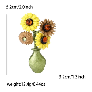 Sunflower vase brooch in alloy with green bottle and yellow petals, height 5.2cm