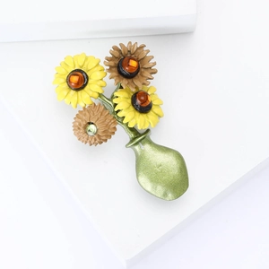 Artistic sunflower vase brooch with yellow enamel blossoms and green bottle design