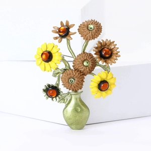 Broche de Florero de Girasol Inspirado en Van Gogh Aleación Esmalte Diamantes de Imitación Pin Artístico Joyería Regalo