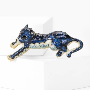 Elegant running leopard brooch with deep blue enamel and rhinestones on a gold base