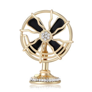 Spilla creativa a forma di ventilatore vintage in metallo dorato con strass e cristalli