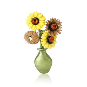 Enamel sunflower vase brooch with colorful floral petals and vintage gemstone accents