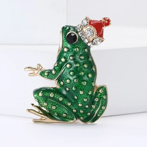 Mode Dessin Animé Prince Crapaud Broche Alliage Émail Vert Forme Animale Couronne Strass Épinglette Décoration Bijoux Cadeau