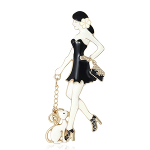 Elegant enamel brooch of a lady in black dress with white cat on white background