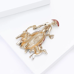 Modern gold-plated lady walking dogs enamel brooch with long dress and charms