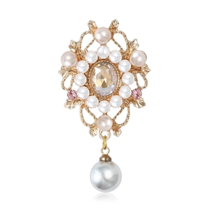 Broche vintage élégante avec pierre de champagne, perles blanches et strass roses