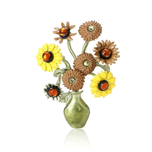 Broche artístico de jarrón con girasoles de Van Gogh con esmalte y cristales