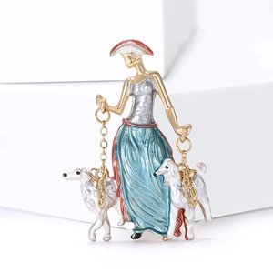 Fashion alloy enamel brooch of an elegant lady walking dogs with golden chains