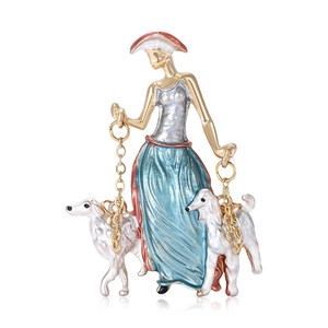 Fashionable lady walking dogs brooch pin with blue dress and red hat in gold finish