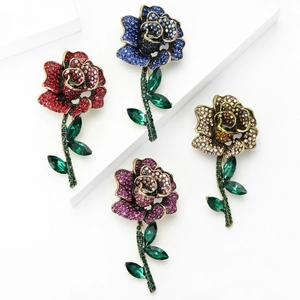 Elegant rose flower brooches set with luxury rhinestones in red, blue, purple and champagne