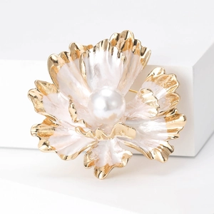 Elegant Peony flower brooch with pearl and white enamel in classic Korean fashion style
