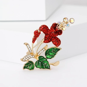 Elegant Alloy Red Rhinestone Hibiscus Flower Brooch For Women Gold Plated Enamel Botanical Floral Plant Corsage Pin Jewelry