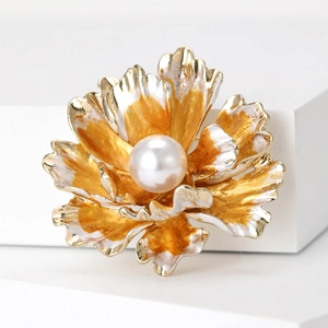 Exquisite peony flower brooch with white enamel petals and central pearl on gold metal
