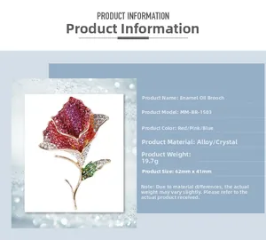 Detail view of red rose brooch with full crystal inlay and elegant gold alloy finish
