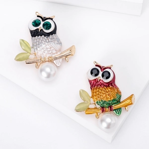 Vintage Owl Brooch Pin Alloy Enamel Animal Design With Faux Artificial Pearl Rhinestone Eyes Fashion Jewelry Accessories For Women