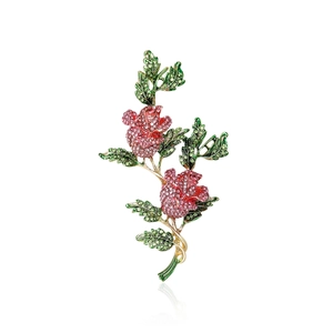 Élégante Broche Fleur de Rose en Alliage Strass Pour Femmes Vintage Double Rose Émail Feuille Broches Bijoux Mariage Fête Cadeau