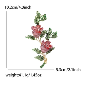 Broche double rose étincelante avec cristaux rouges et dimensions de 10,2 cm de haut