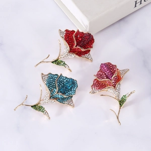 Elegant rose flower brooches with colorful rhinestones in red, blue and purple