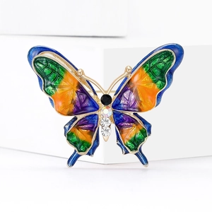 Colorful enamel butterfly brooch pin with sparkling rhinestones and gold-plated finish