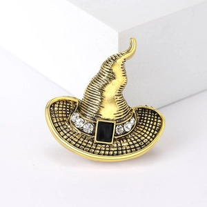 Vintage Hexenhut-Brosche in Gold mit weißen Strasssteinen und schwarzem Stein für Halloween