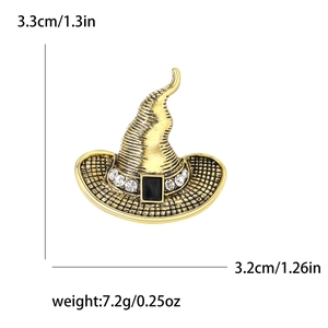 Vintage Hexenhut-Brosche aus Goldlegierung mit Strass und schwarzem Stein für Halloween