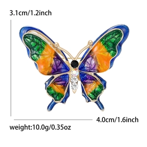 Colorful enamel butterfly brooch with crystals and gold finish, 3.1cm x 4.0cm dimensions
