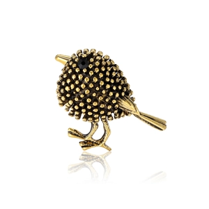 Broche oiseau vintage en or avec finition alliage texturé et design œil en pierre noire