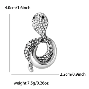 Detailed dimensions of silver snake brooch with rhinestones and black eyes