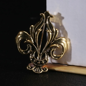 Macro detail of vintage gold Fleur-de-lis brooch with intricate relief and metal pin back