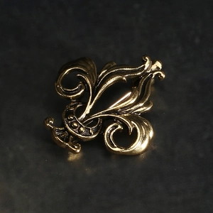 Macro detail of vintage fleur-de-lis brooch in antique gold finish with textured metal
