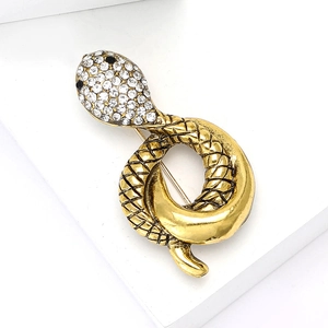 Fashionable gold alloy snake brooch for women with sparkling rhinestones and black gem eyes