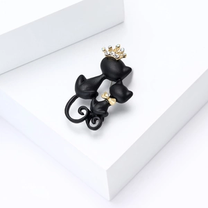 Elegant matte black twin cats brooch with golden crown and rhinestones for women