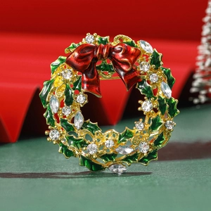 Weihnachtskranz Brosche Pin Legierung Rote Schleife Grüne Emaille Eingelegte Strass Xmas Festliches Kleidung Zubehör Für Damen