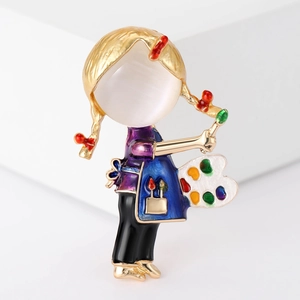 Süße Cartoon-Mädchen Brosche mit Opal-Gesicht und bunter Palette für Damen