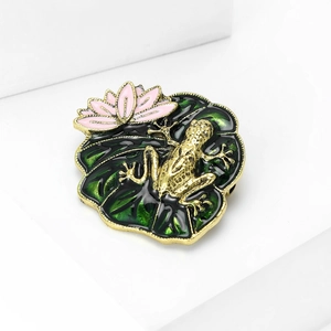 Vintage gold frog on green lotus leaf brooch with pink flower fashion accessory