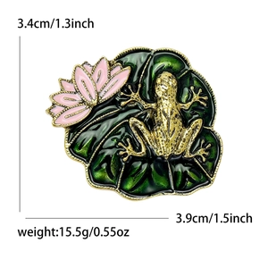 Vintage lotus leaf and golden frog enamel brooch with pink lotus and polished alloy finish