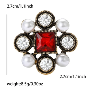 Baroque floral brooch with ruby red stone and pearls showing size 2.7cm and weight 8.5g