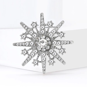 Vintage snowflake alloy brooch pin with sparkling crystal stones on white background