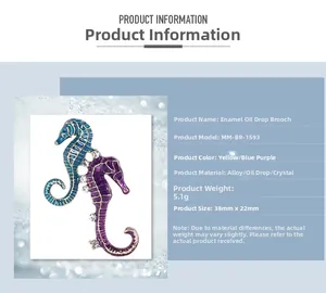Detail view of blue and purple enamel seahorse brooches with size and weight specs