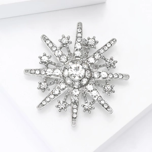 Macro shot of silver snowflake brooch with shimmering crystals on minimalist white background