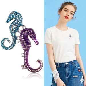 Creative sea horse alloy brooch with colorful enamel finish and white rhinestones