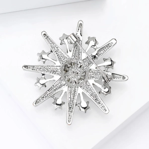 Detail view of the secure silver snowflake brooch back with metal pin and sturdy clasp