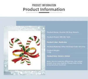 Detailed view of Christmas candy cane brooch with enamel finish and size dimensions