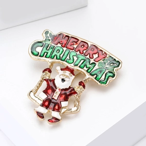 Broche Père Noël en émail avec bannière Merry Christmas pour décoration festive