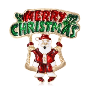 Broche Père Noël en Alliage Émail pour Femmes Or Strass Festif Joyeux Noël Lettre Bannière Épingle Accessoire de Vêtement de Vacances