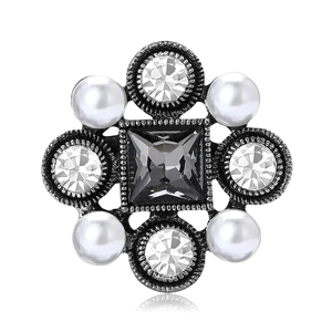 Vintage Baroque brooch with grey square crystal, pearls and rhinestones on silver metal