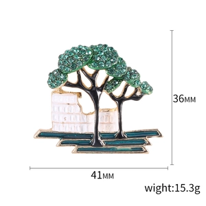 Minimalist alloy tree brooch with green rhinestones and white enamel architectural design